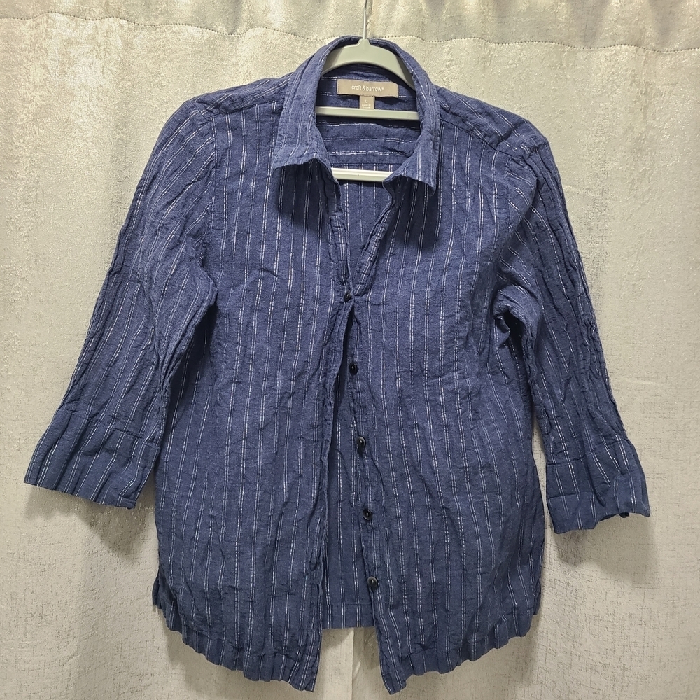 Croft & Barrow Womens Blue Embroidered Button Front Crinkle Blouse